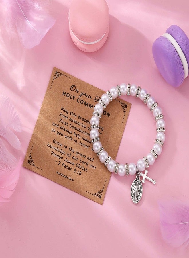 Korotho First Communion Bracelet Gifts for Her Catholic, First 1st Holy Communion Pearl Baptism Bracelets for Women Religious Gift Christening Communion Jewelry Card Favor for Goddaughter (FCPearl) - Image 3